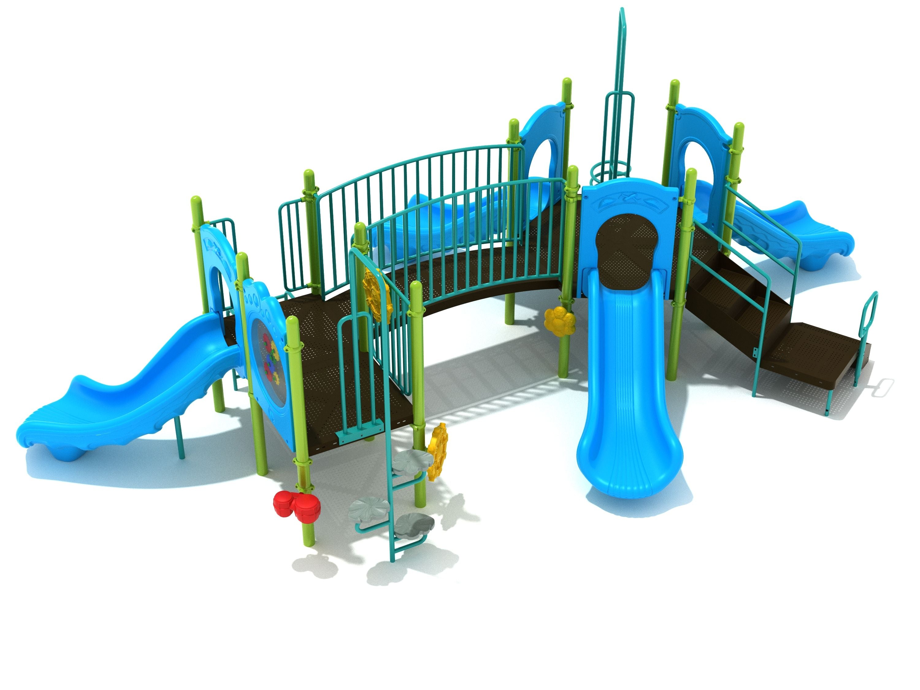 Colorful playground structure with hexagonal deck, multiple blue slides, climbing elements, interactive gear panels, ship’s wheels, and musical drums