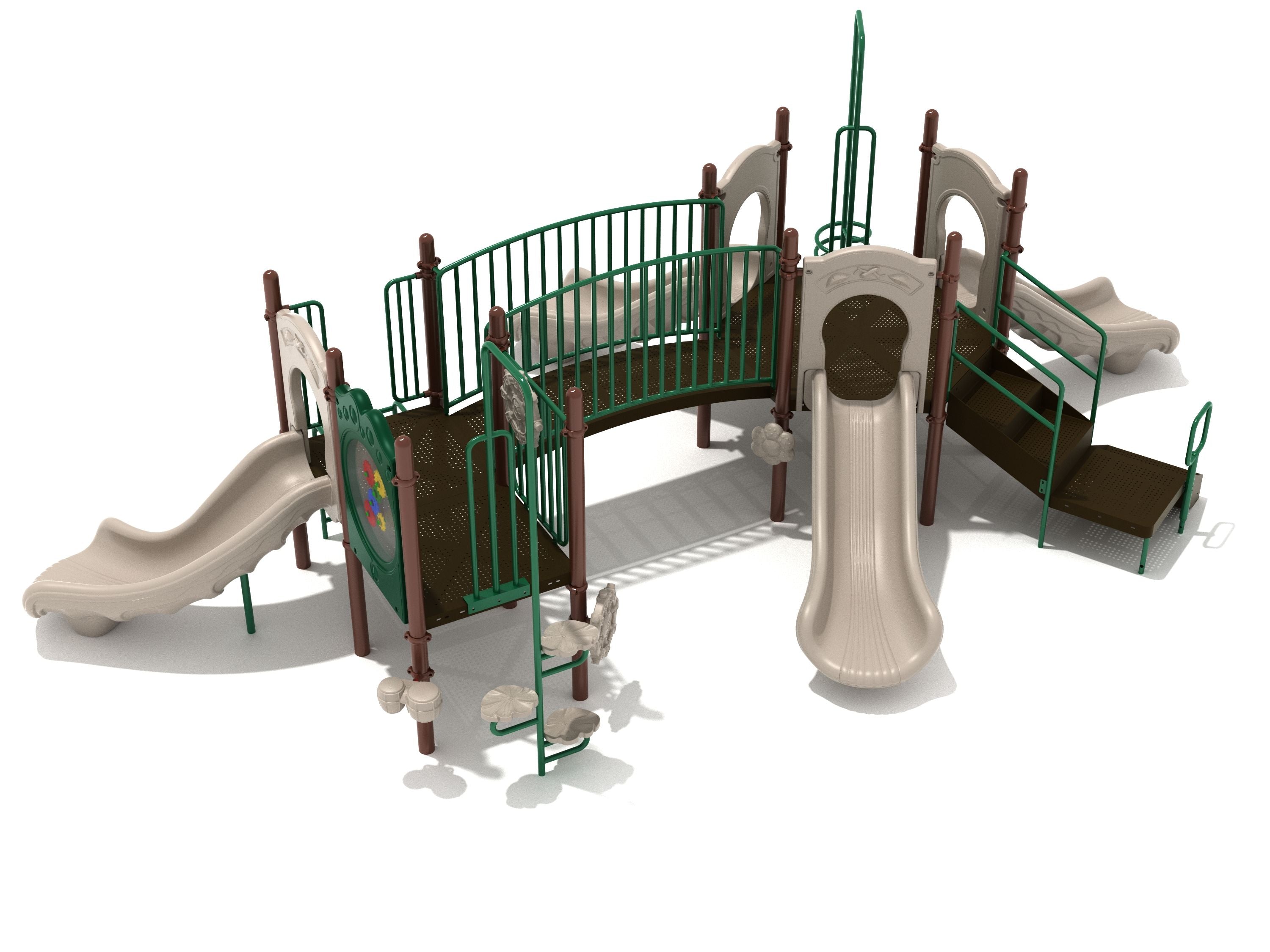 Elevated playground structure with hexagonal deck, three straight slides, green railings, climbing elements, and interactive panels including ship’s wheels and gear panel.