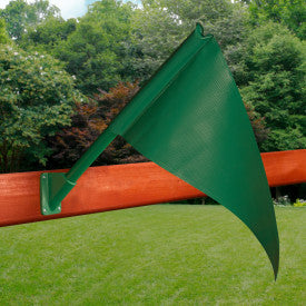 Green triangular flag made of thick canvas attached to a pole on a wooden outdoor swing set beam