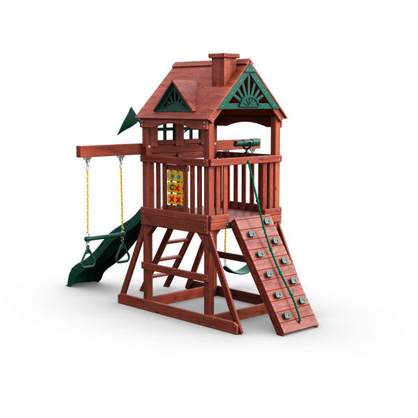 Compact wooden playset with clubhouse, rock climbing wall, two belt swings, Alpine wave slide, tic-tac-toe panel, and telescope