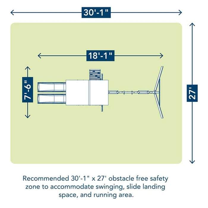 Overhead view of wooden playset with dual high-rail wave slides, double-decker clubhouse, rock wall, two yellow belt swings, and acro bar within safety zone