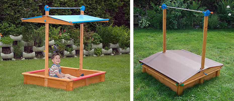 Wooden sandbox with adjustable canopy open and closed on grass, child sitting inside, smooth natural wood finish