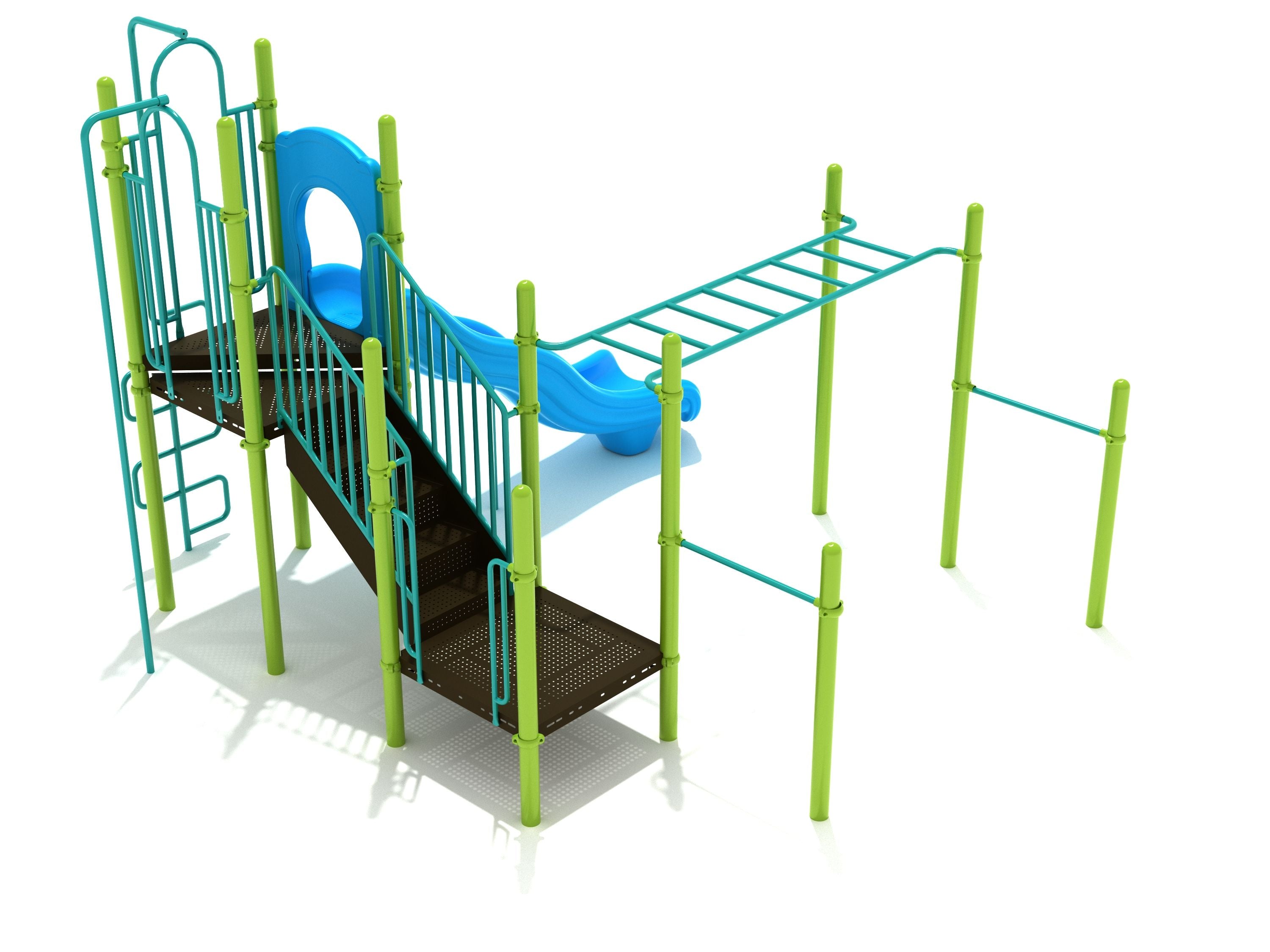 Playground structure with green posts, blue wave slide, stairs, pull-up bars, overhead horizontal ladder, snake climber, and firefighter pole.