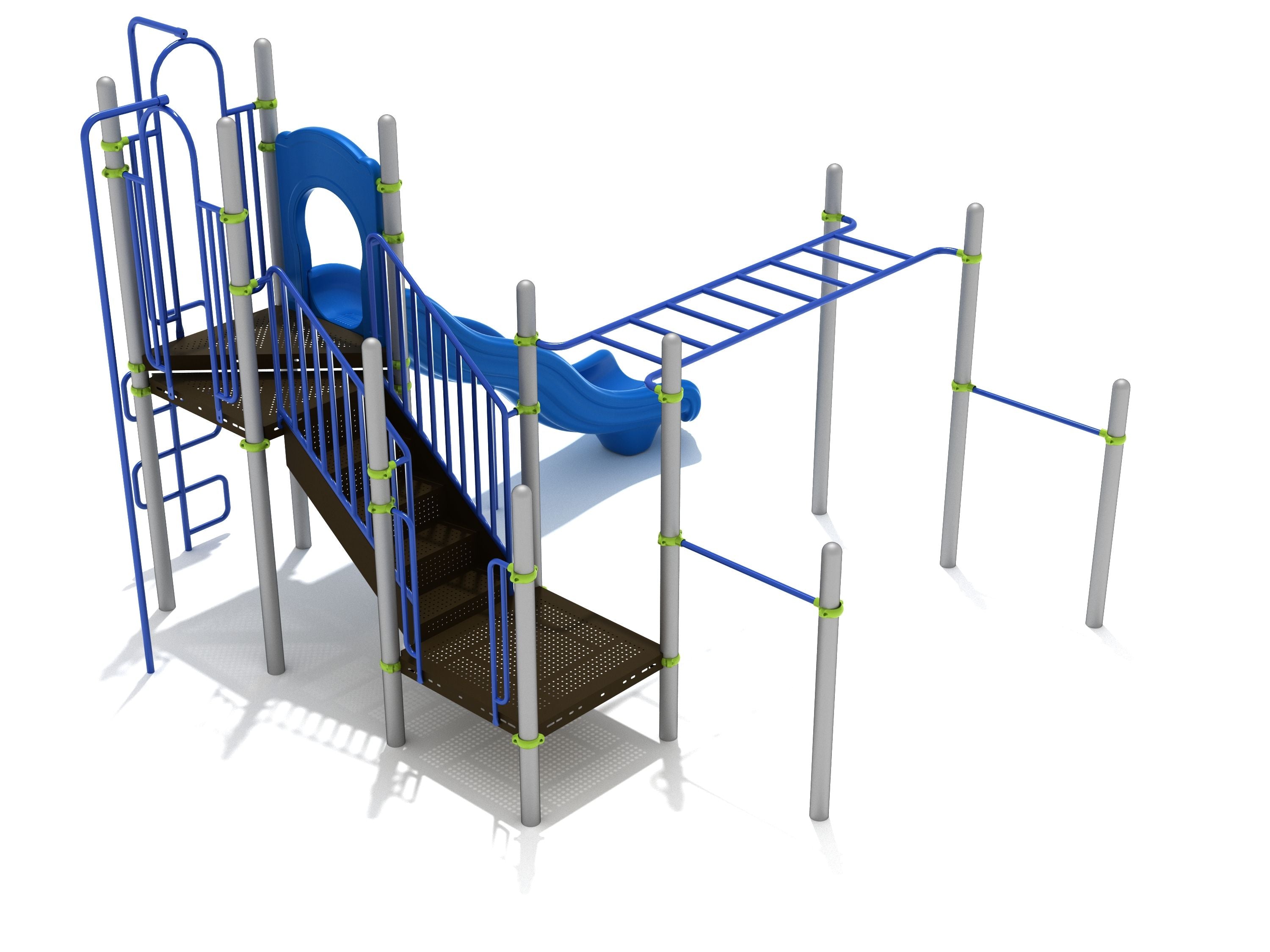 Elevated playground structure with blue wave slide, stairs, pull-up bars, overhead horizontal ladder, snake climber, and firefighter pole