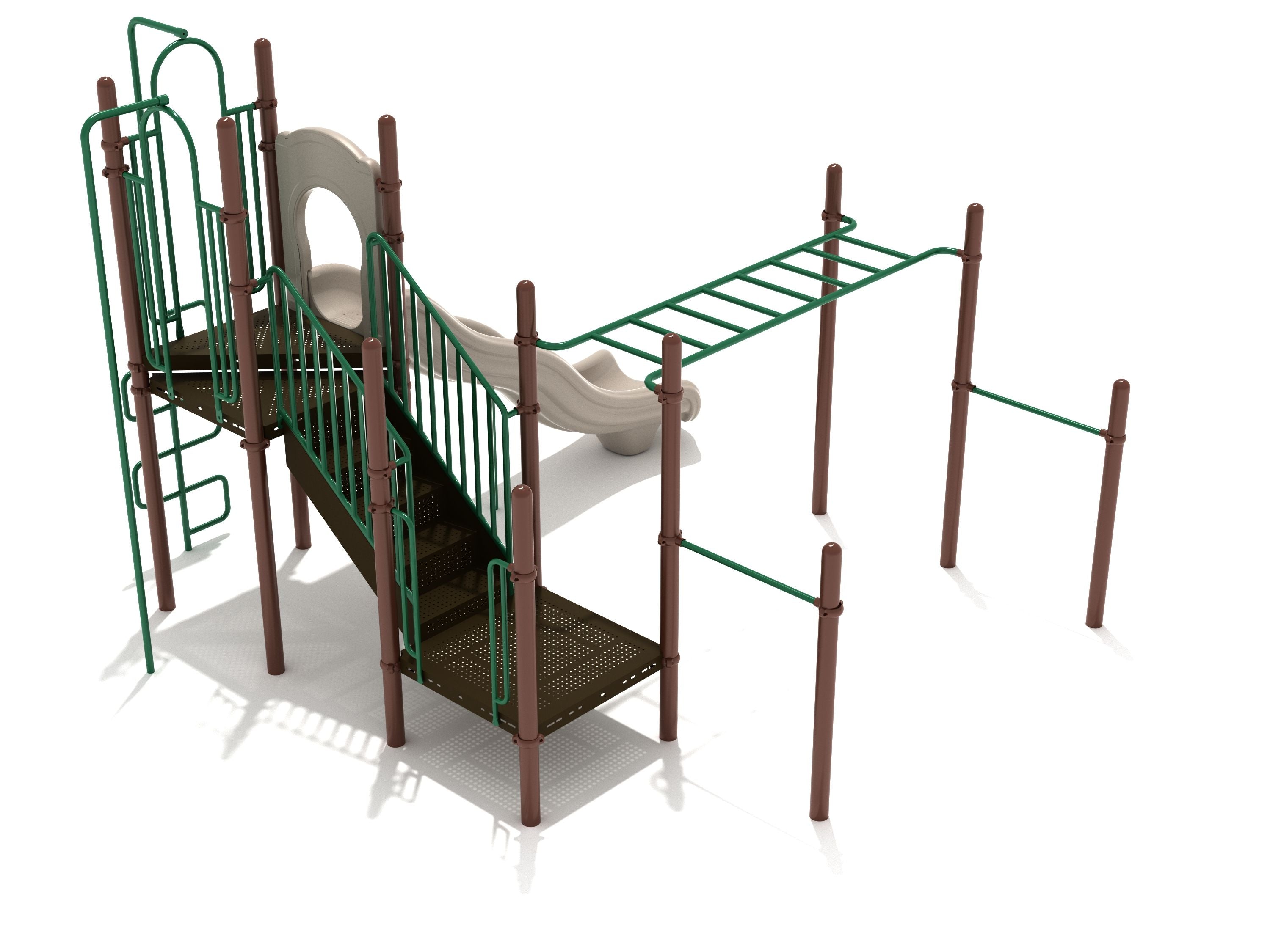 Elevated playground structure with green pull-up bars, overhead ladder, wave slide, stairs, snake climber, and firefighter pole