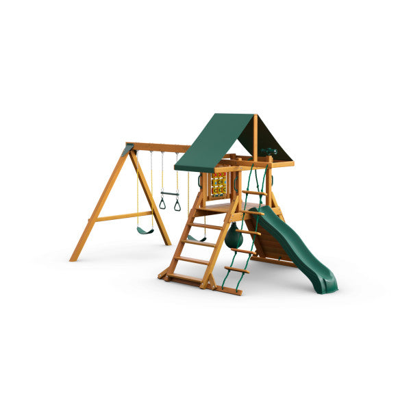 Cedar wooden playset with green canopy, wave slide, swings, climbing rope, ladder, and tic-tac-toe panel
