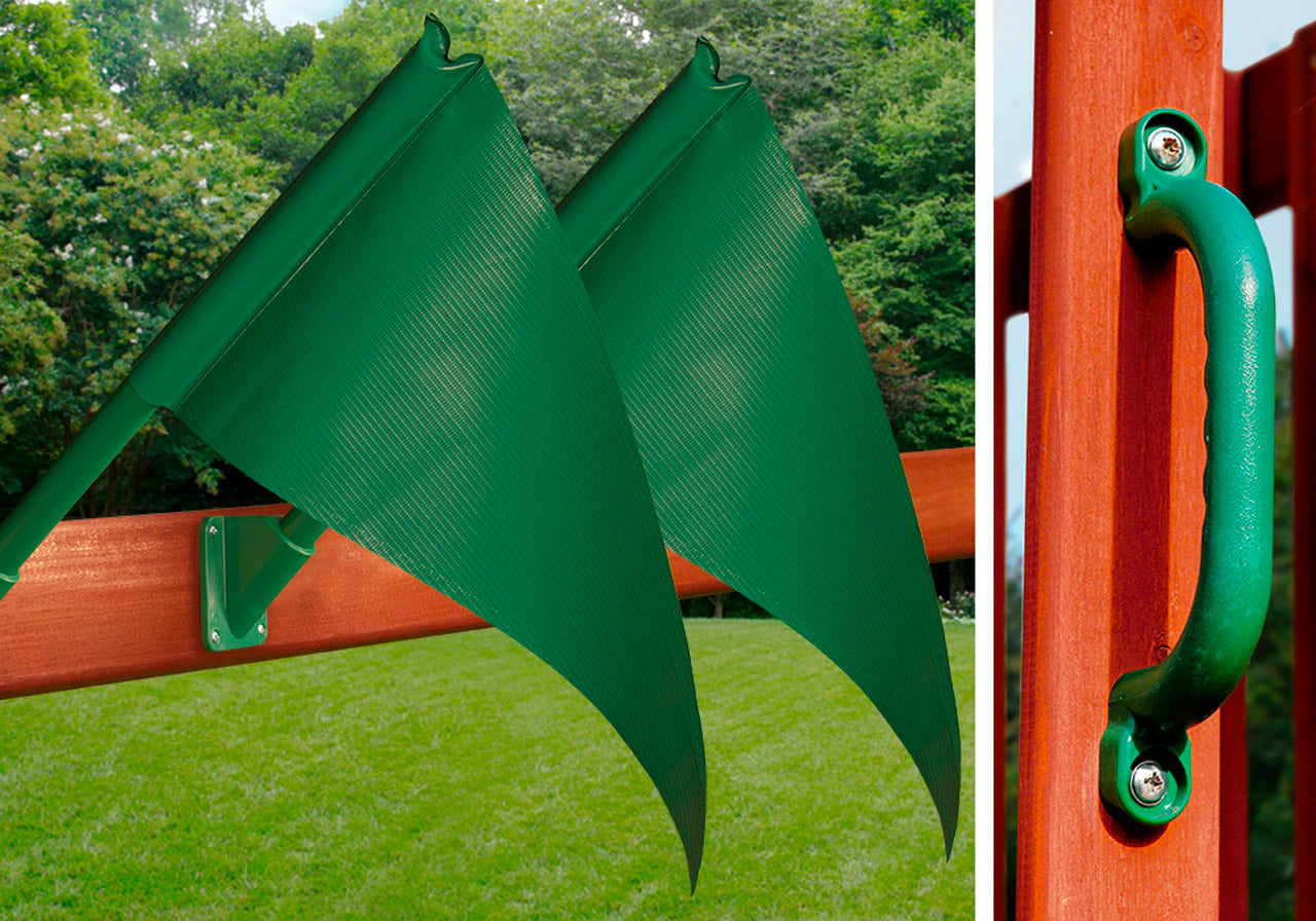 Two green triangular flags mounted on a wooden playset railing with a green handle attached to a wooden post nearby