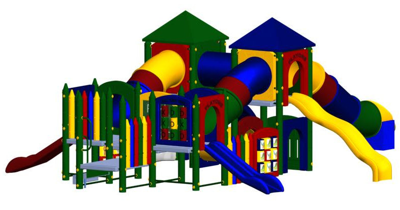 Colorful large playground structure with multiple slides, tube tunnels, climbing walls, and activity panels in green, blue, red, and yellow.