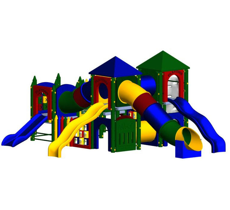 Fort Biland Playground with colorful slides, tunnels, climbing walls, and play panels for backyards and daycare facilities