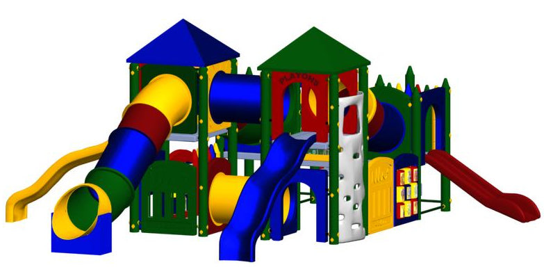 Colorful large playground structure with multiple slides, crawl tunnels, climbing wall, and activity panels in blue, yellow, red, and green