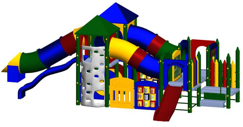 Colorful outdoor playground with multiple slides, crawl tunnels, climbing wall, and interactive activity panels.