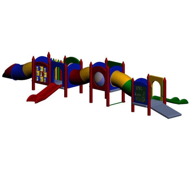 Colorful commercial-grade playground with multiple slides, tunnels, activity panels, and low decks for young children
