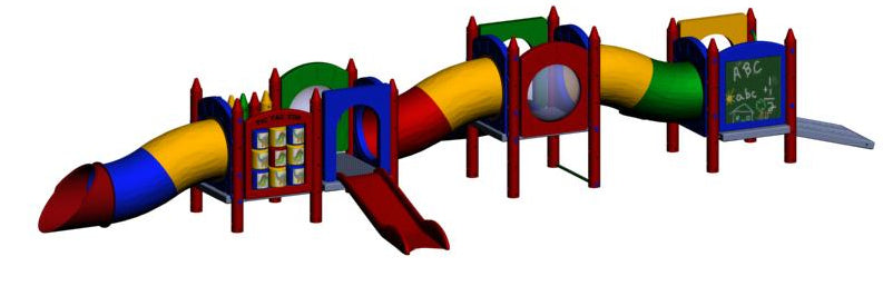 Colorful commercial-grade playground with multiple slides, tube tunnel, chalkboard, and interactive panels for young children