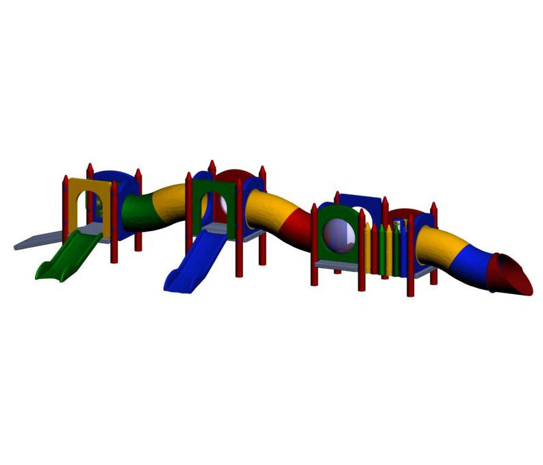 Colorful commercial-grade playground with multiple slides, tube tunnels, crayon-shaped panels, and low play decks for young children