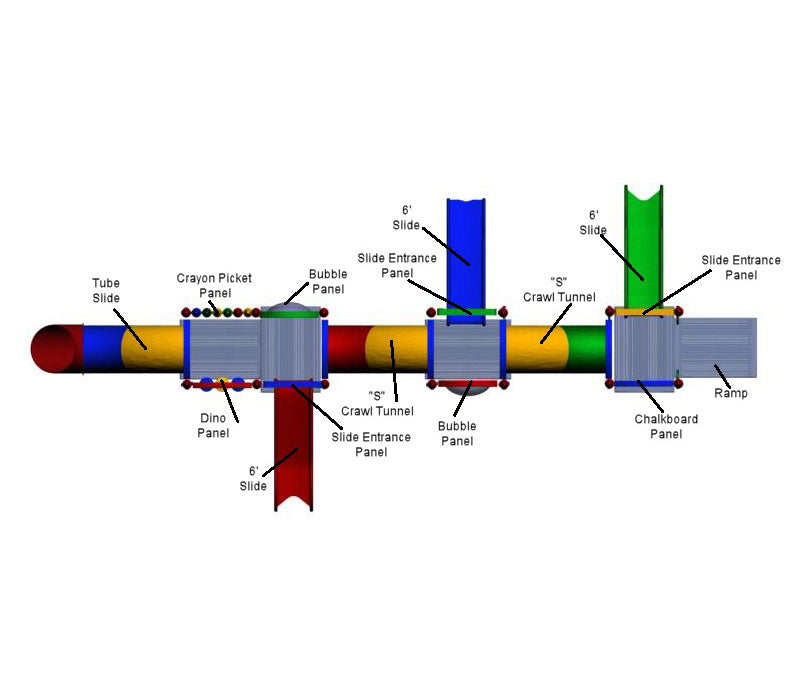 Overhead view of colorful commercial playground with multiple slides, crawl tunnels, and interactive play panels