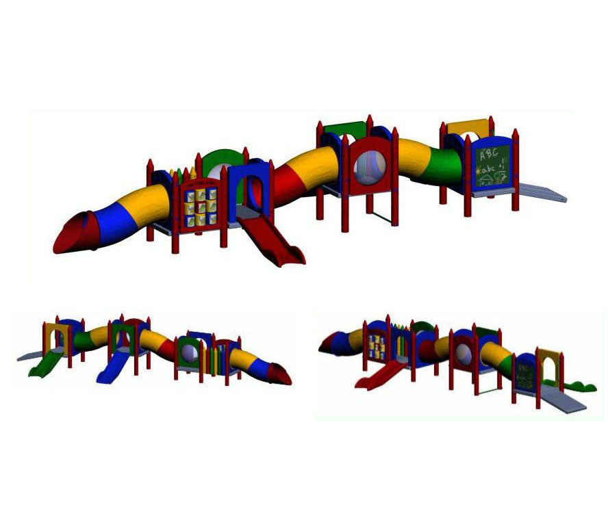 Fort Donelson ME 2 Playground with colorful tube slide, multiple play decks, chalkboard, and interactive panels in red, yellow, blue, and green.