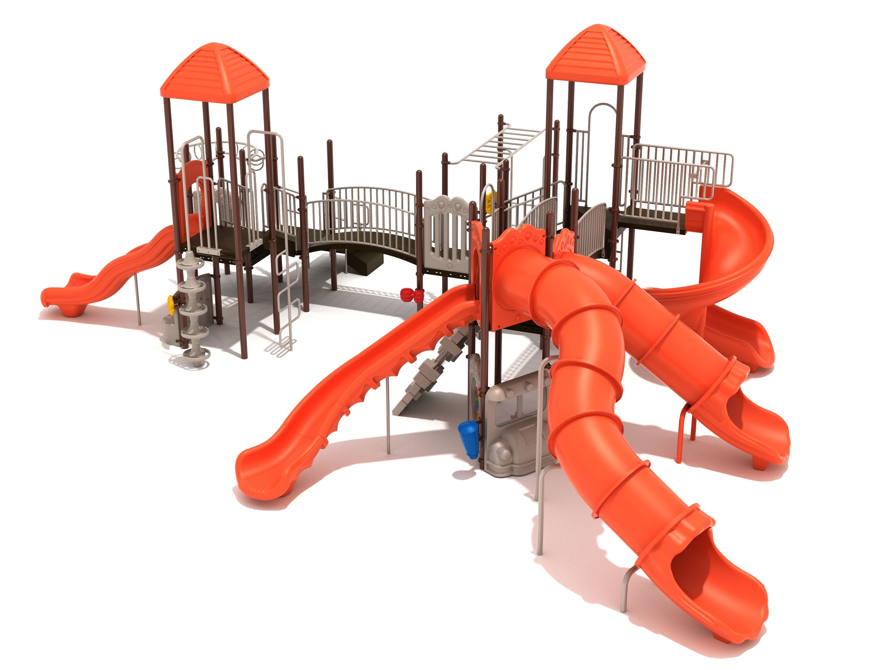 Large orange playground structure with multiple slides, climbing ladders, platforms, and two peaked roofs