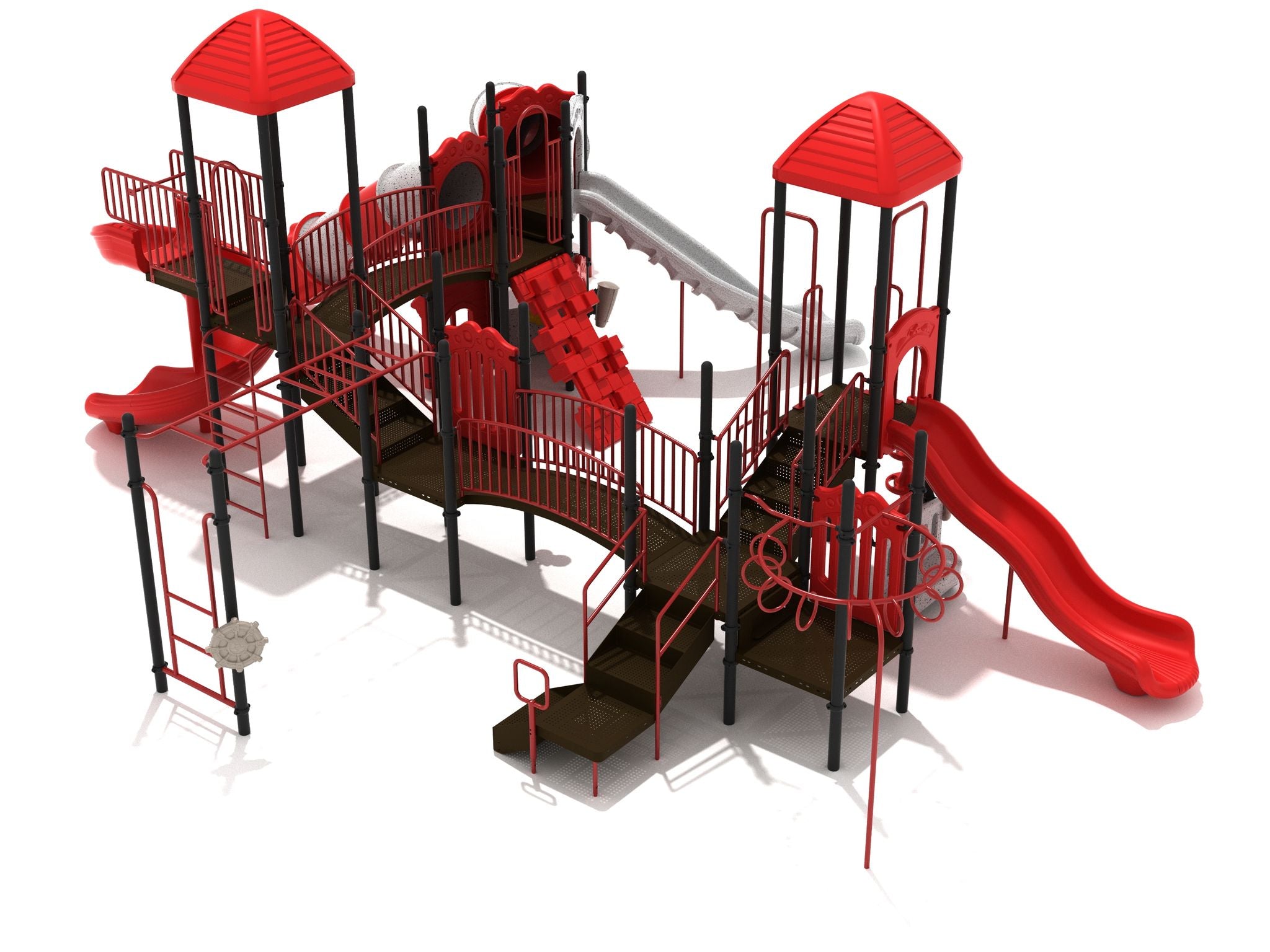 Galveston Playground large play system with red slides, multiple climbing structures, platforms, and overhead ladders including a 270-degree rung ladder and spiral slide