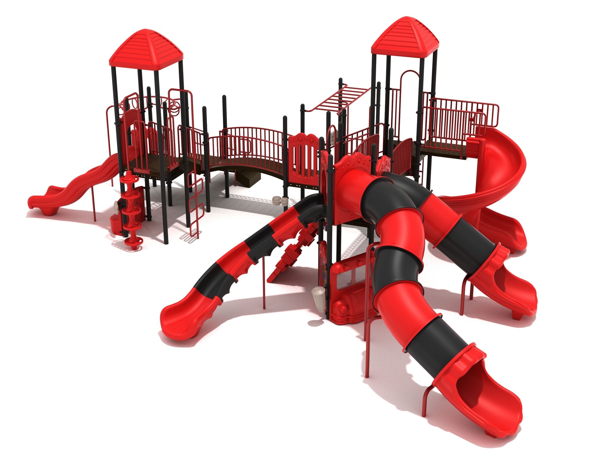 Large red and black playground structure with multiple slides, climbing ladders, and two roofed platforms