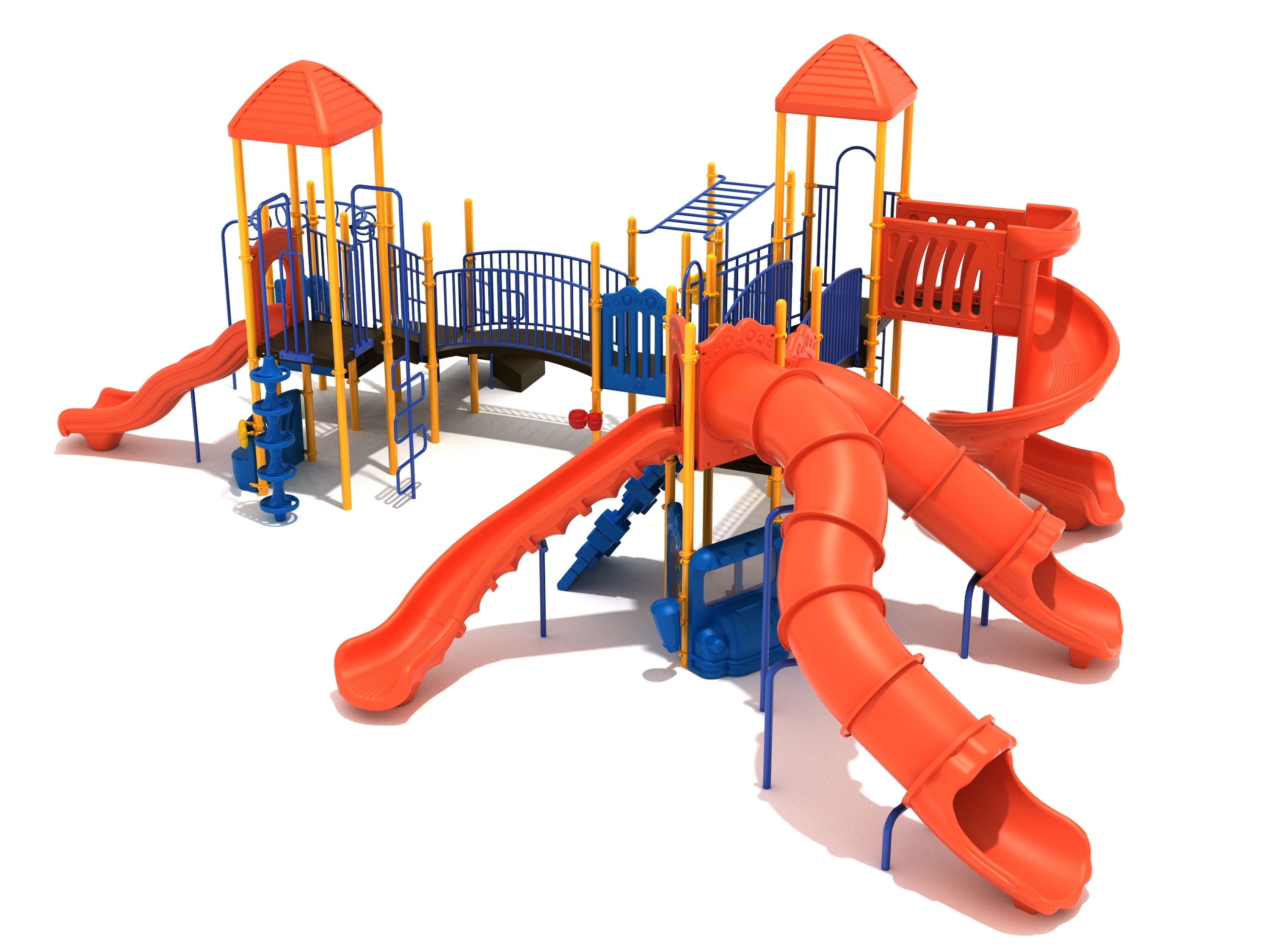 Colorful large playground structure with multiple slides, climbing ladders, overhead bars, and platforms in orange, blue, and yellow