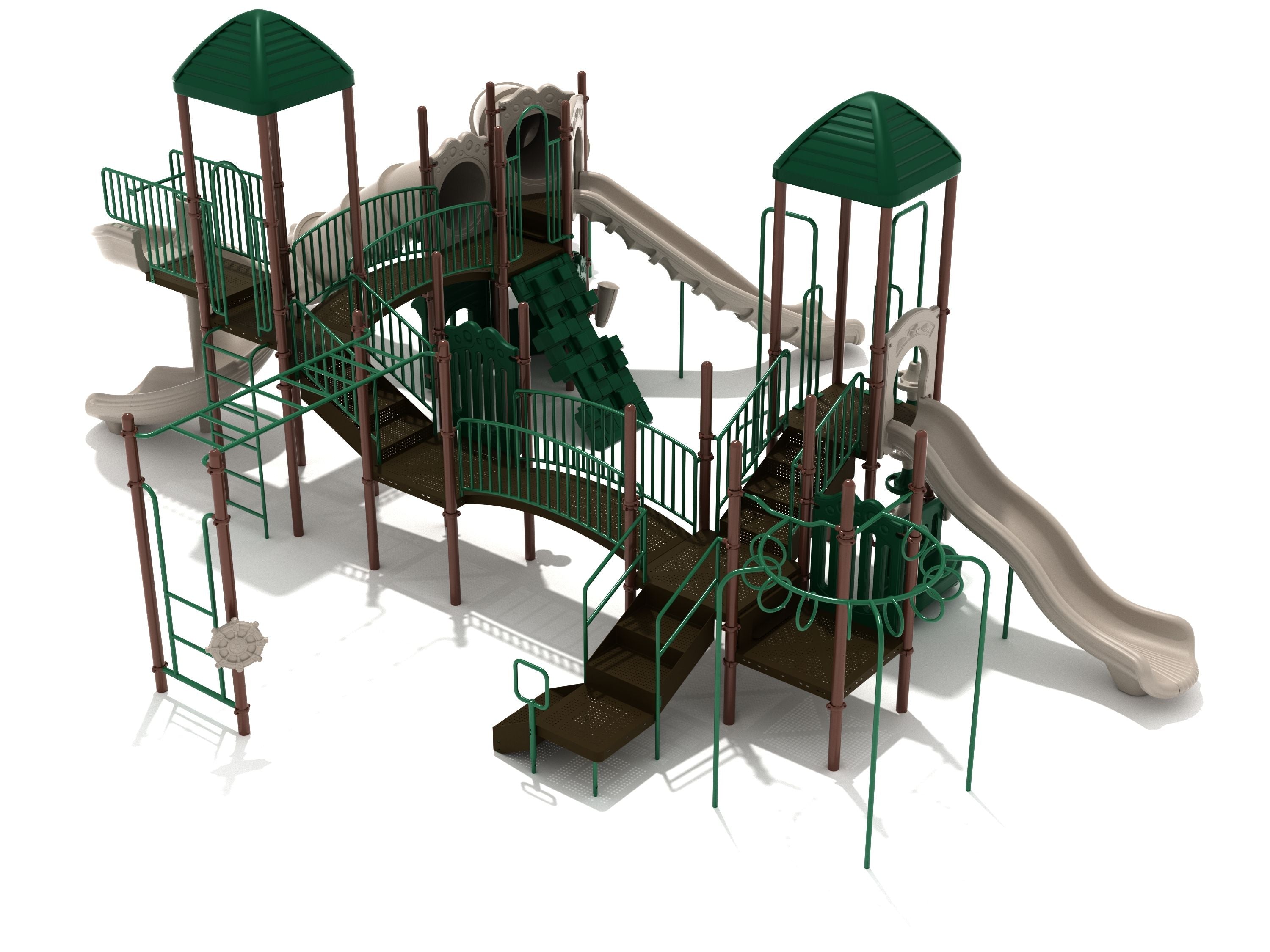 Large natural-surface playground with multiple slides, climbers, platforms, and green and brown play structures
