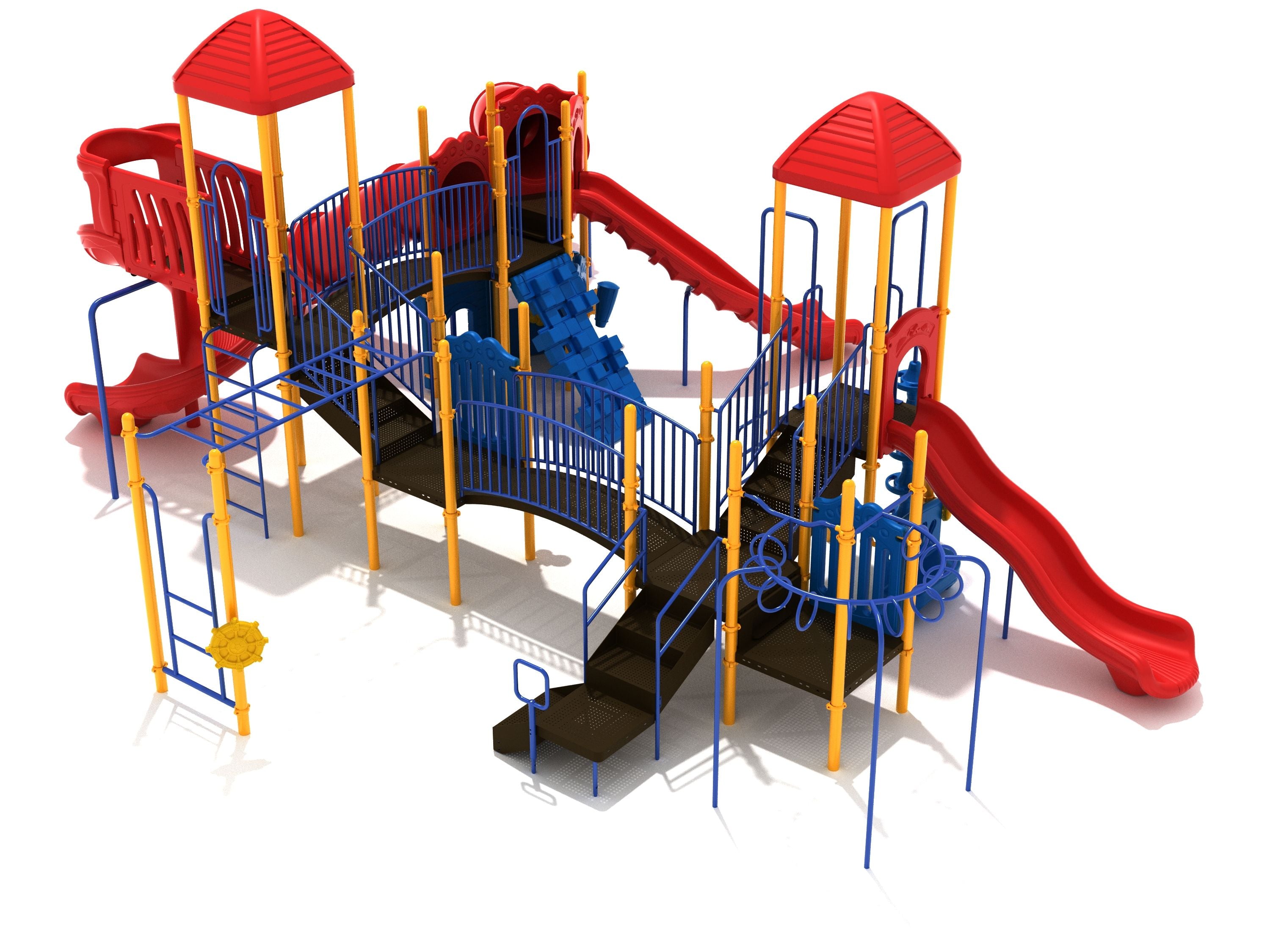 Colorful large playground structure with multiple slides, climbing ladders, platforms, and overhead bars for active play.