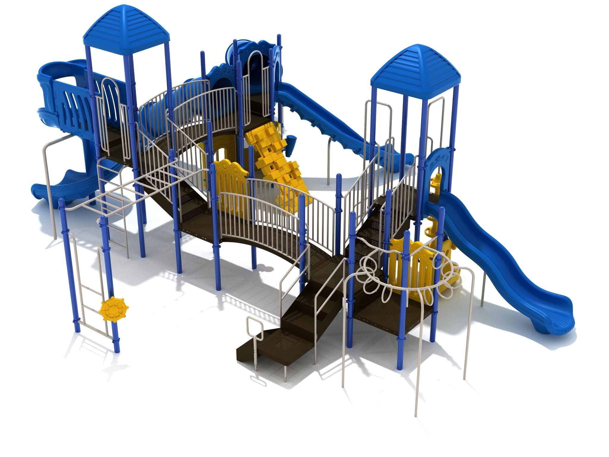 Large blue and yellow playground structure with multiple slides, climbing ladders, and elevated platforms for active play