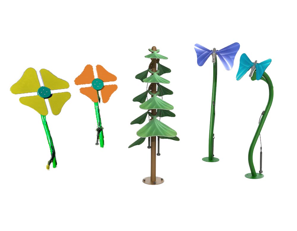 Garden Bed Collection Musical Park Instruments with colorful flower and butterfly designs, aluminum leaves and petals, vibrant outdoor play set