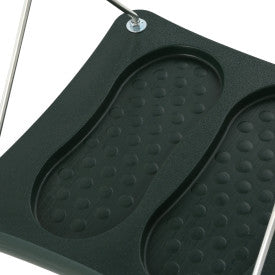 Black molded plastic swing seat with foot holders, textured surface, and plastic-coated metal chains for grip and comfort