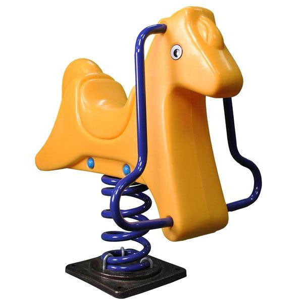 Giddy Up Horsey Residential Spring Rider in bright yellow with blue steel handles and black spring base