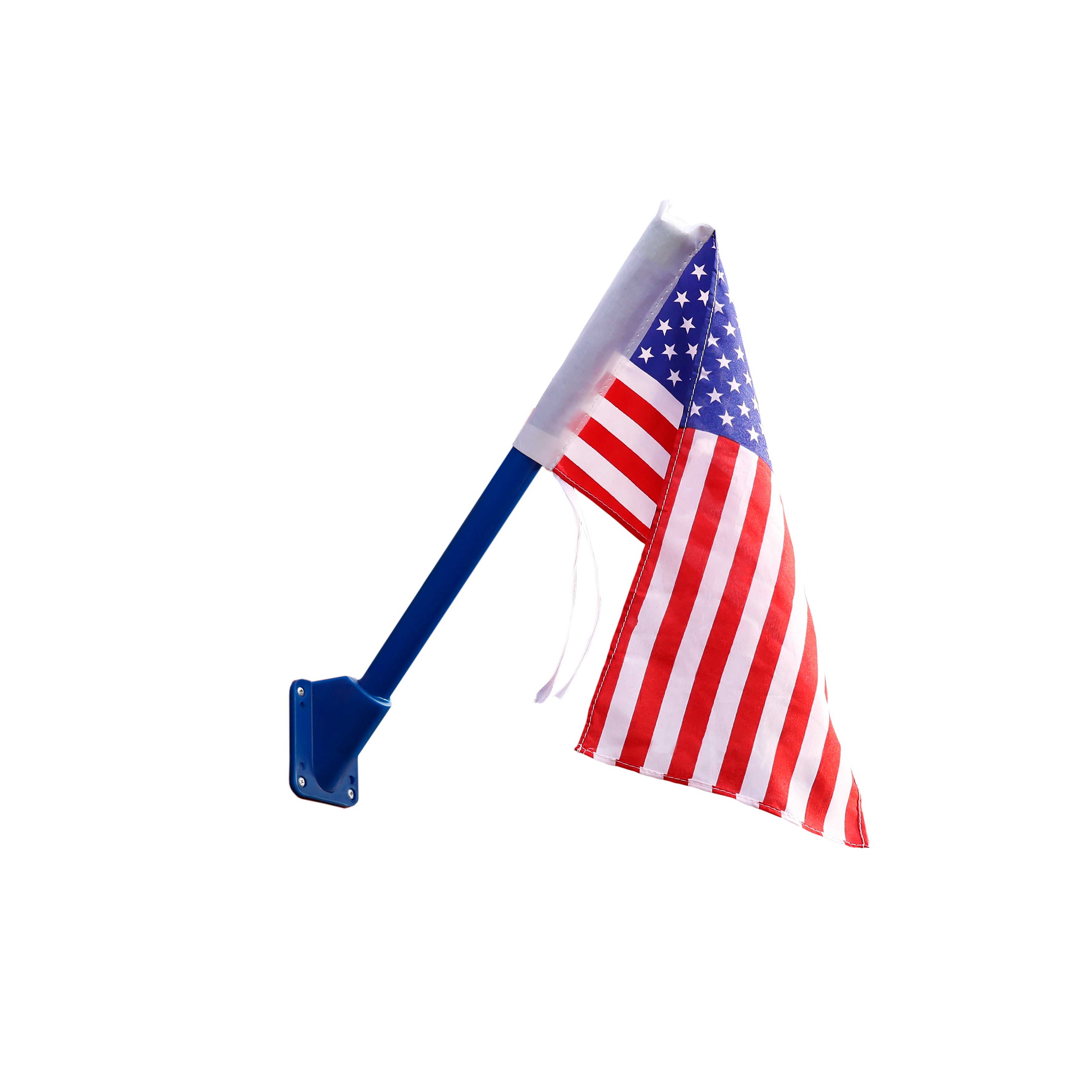 American flag mounted on a blue UV-resistant plastic pole designed for outdoor playset use