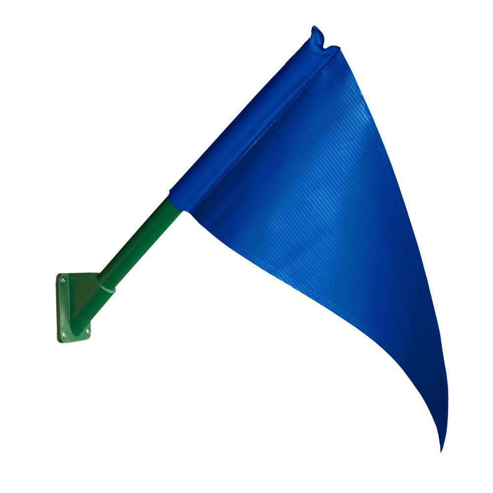 Blue triangular canvas flag with textured surface mounted on a green reinforced plastic pole for swing set accessory