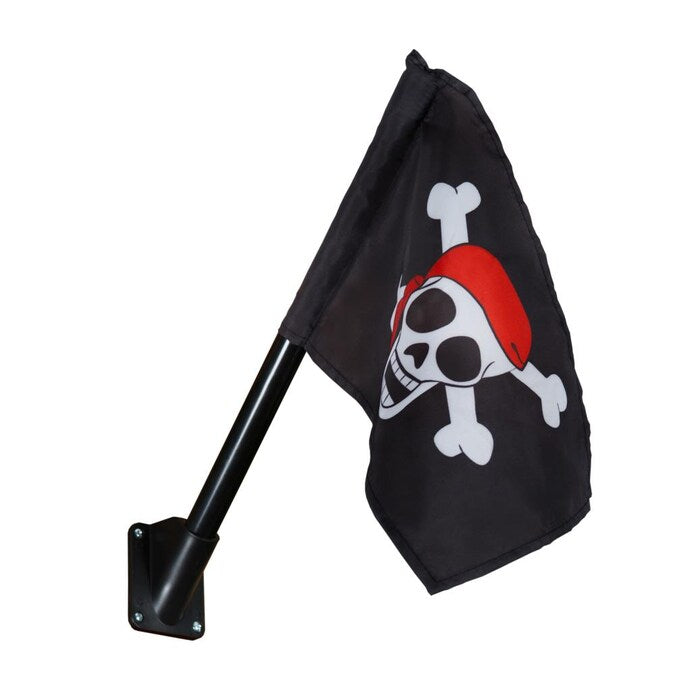Black pirate flag with white skull and crossbones wearing red bandana, mounted on black pole with bracket, durable canvas material