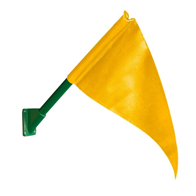 Yellow triangular flag with reinforced texture mounted on a green UV-resistant plastic pole with hardware for outdoor use