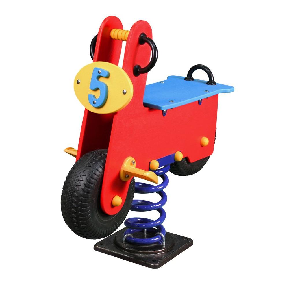 Red and blue children's spring rider shaped like a scooter with black handles, yellow pedals, and a blue number tag at the front