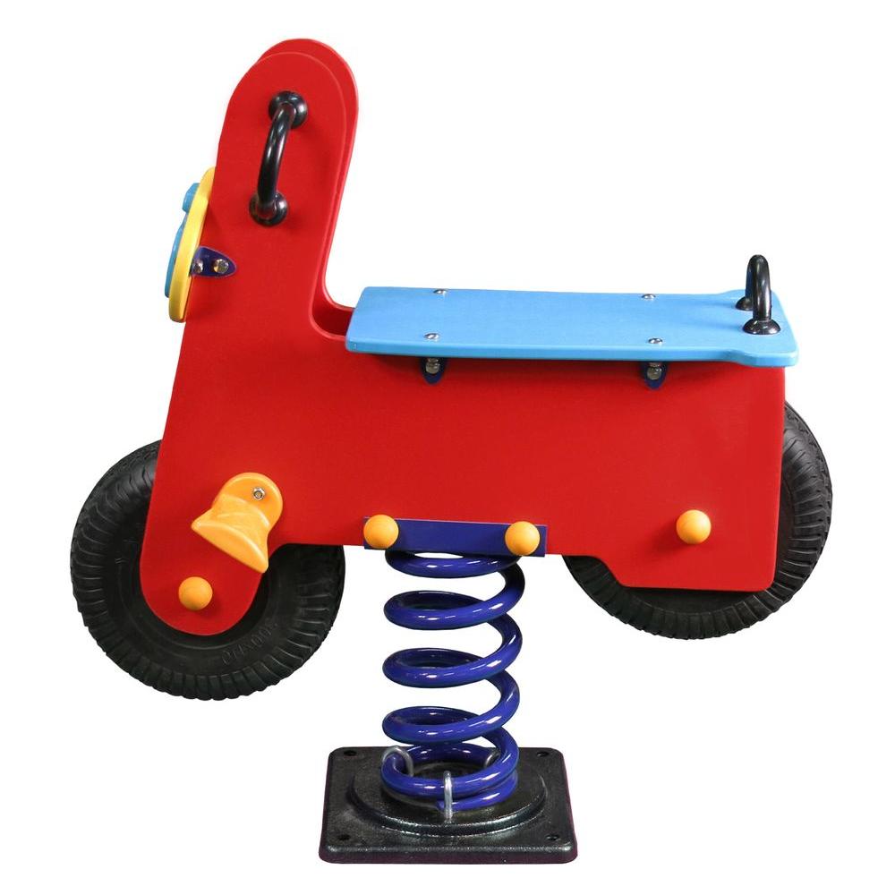 Red and blue children's scooter spring rider with black handles and large coil spring base for bouncing play