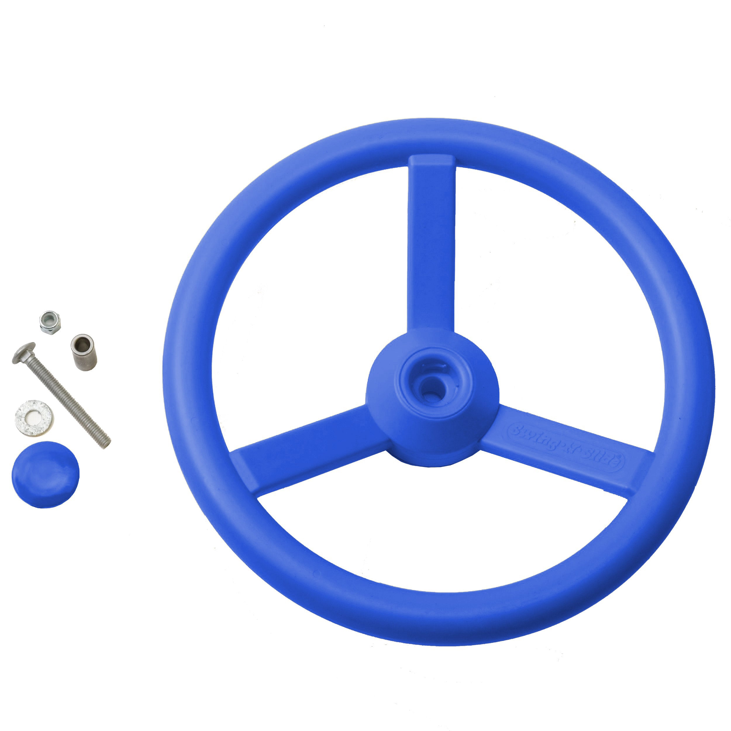 Overhead view of a blue heavy-duty plastic steering wheel with three spokes, mounting hardware, and cap cover for swing set accessory