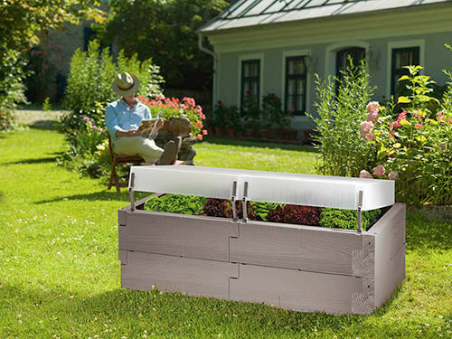 Gray poly timber textured raised garden bed with clear polycarbonate cold frame cover, planted with leafy greens outdoors