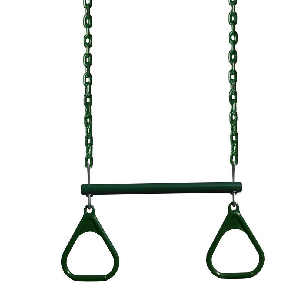 Ring and Acrobatic Trapeze Swing with green powder-coated chains, plastic-coated bar, and triangular handles for swing set accessories