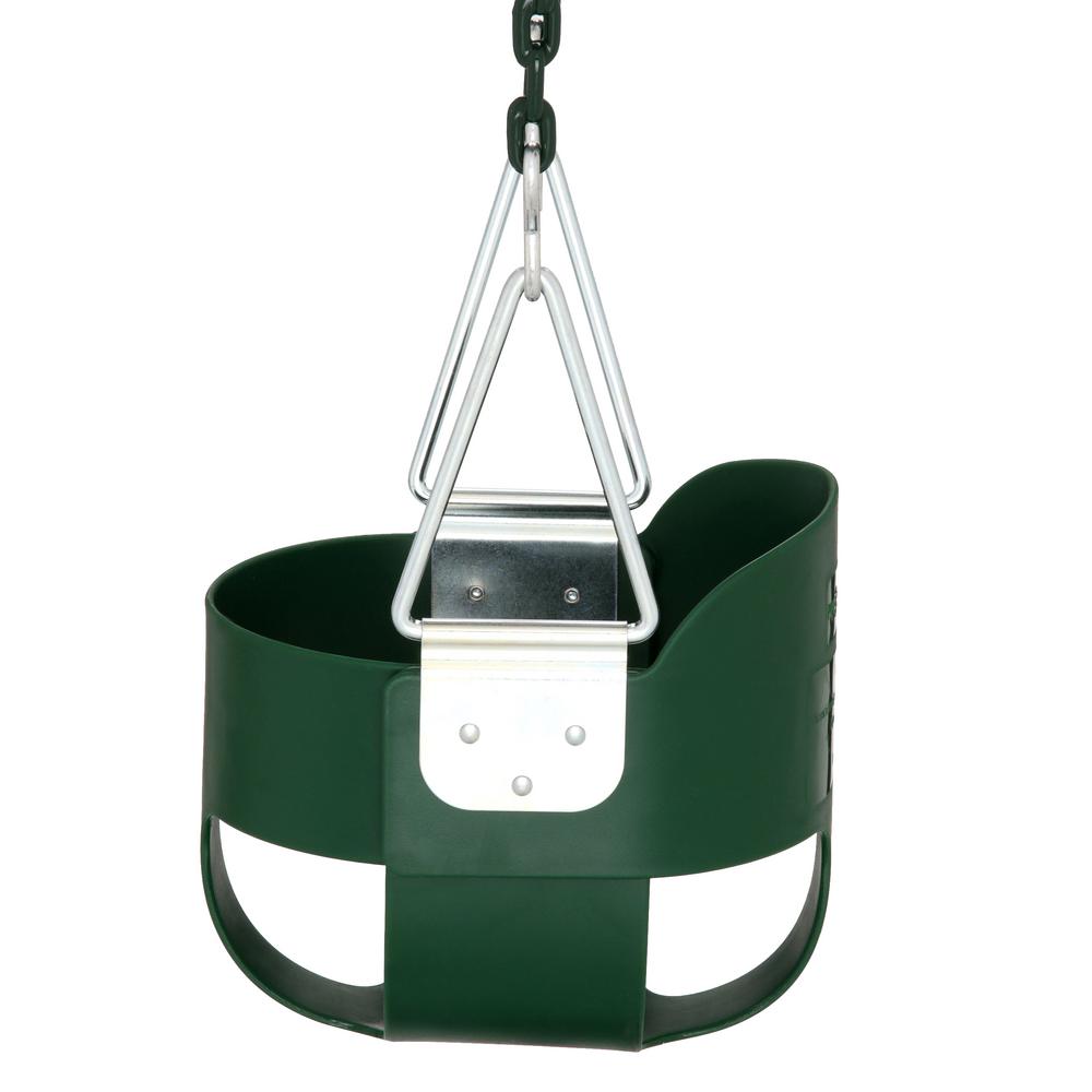 Green toddler bucket swing seat with galvanized hangers and coated chains for playgrounds and swing sets