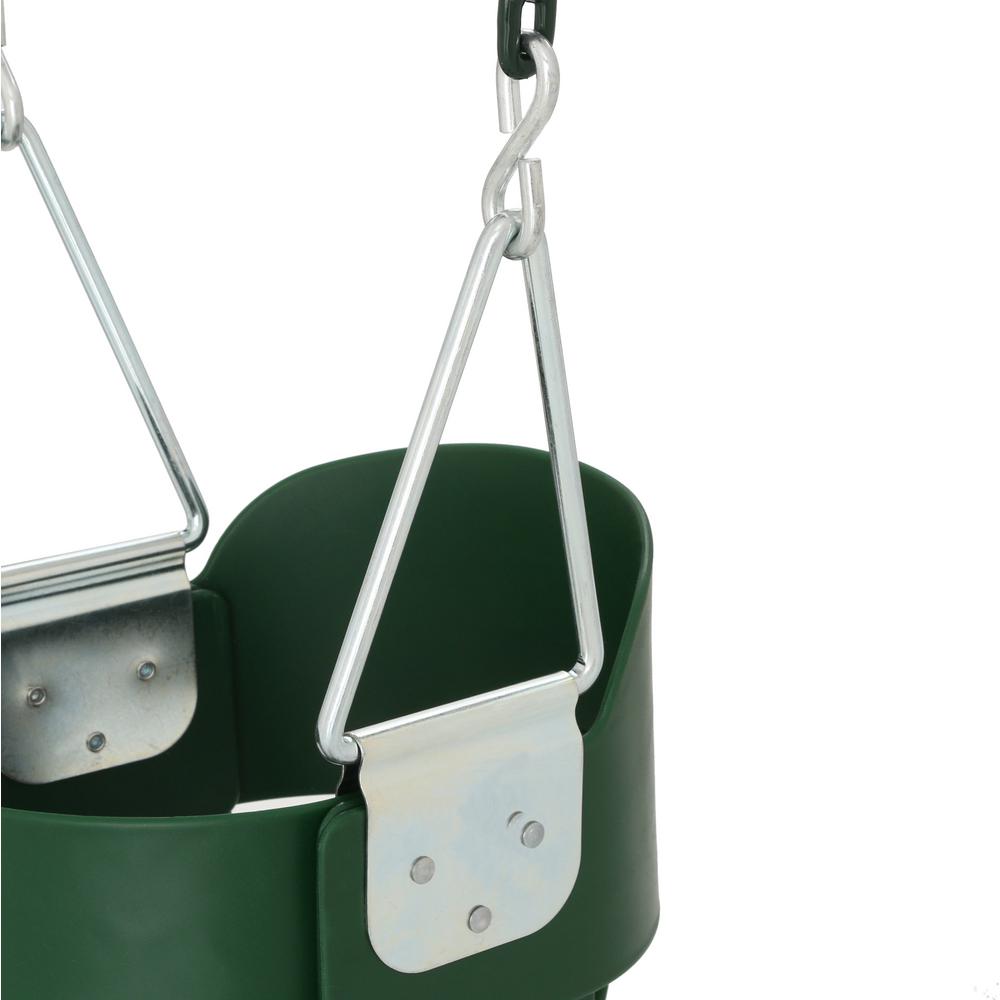 Green toddler bucket swing seat with galvanized metal hangers and coated chains for playground use