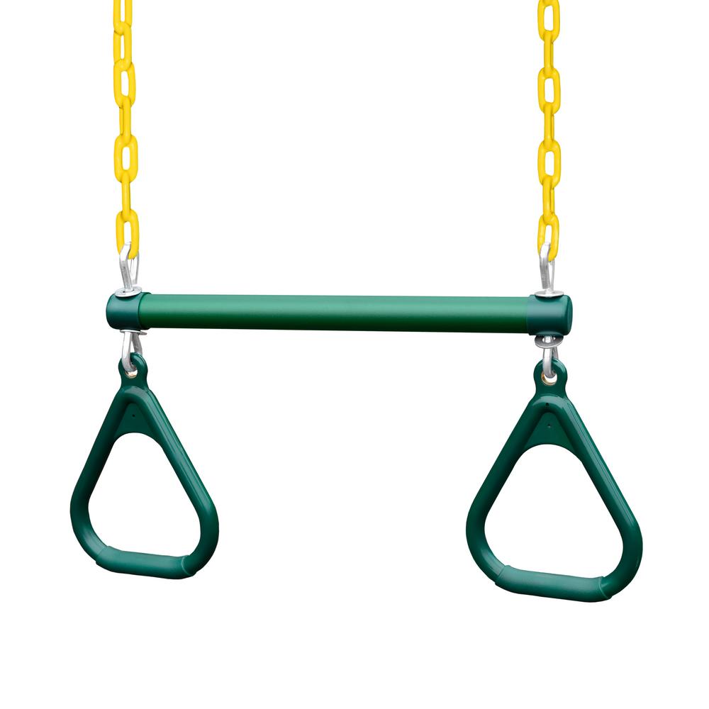 Green trapeze bar with two yellow chains and plastic triangular rings for swing set play attachments