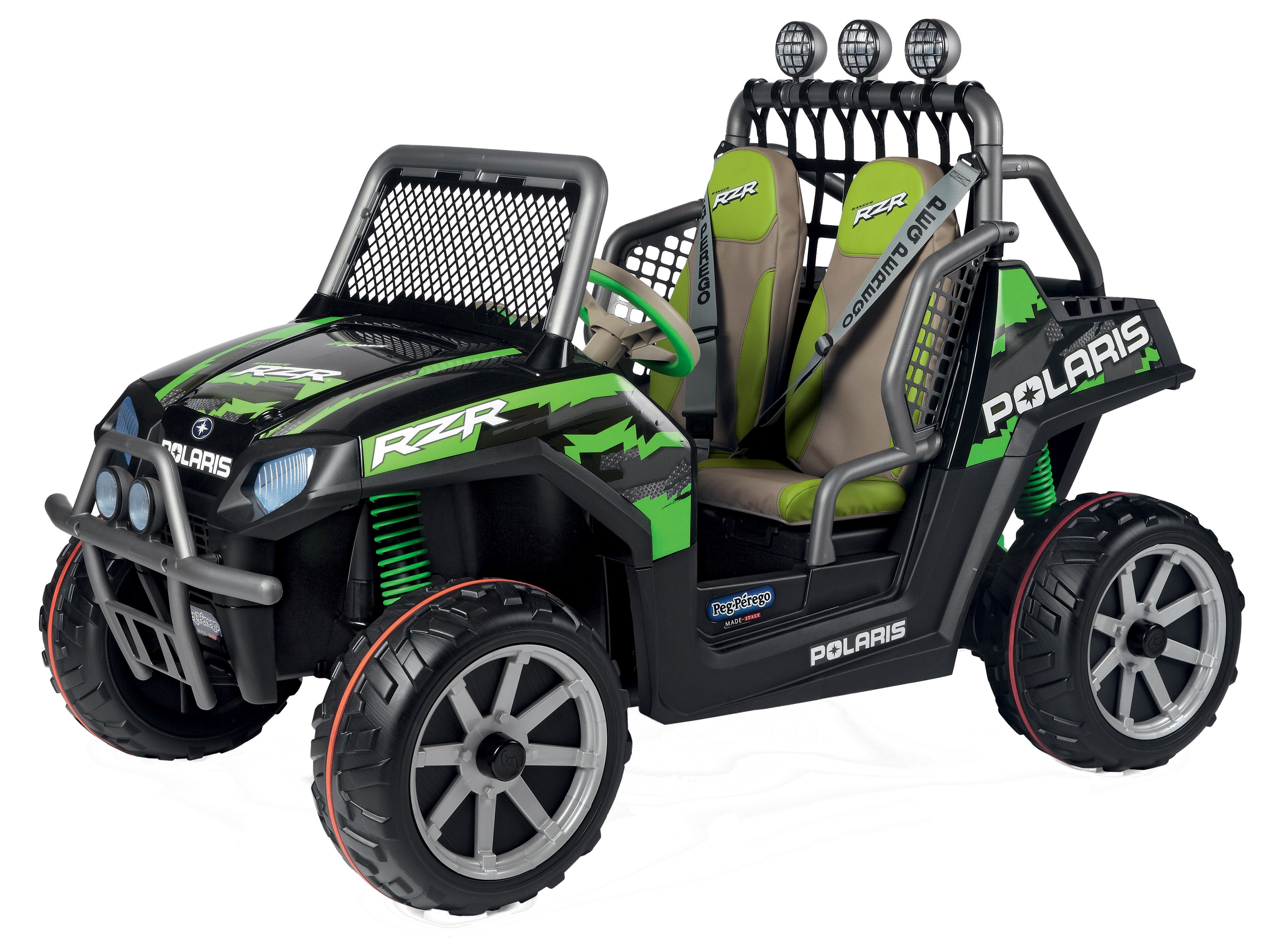Polaris Ranger RZR Green Shadow electric ride-on with side-by-side bucket seats, roll bar, off-road wheels, and windshield