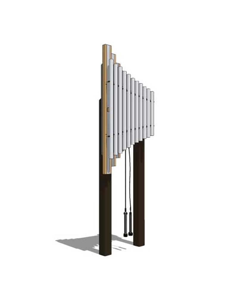 Outdoor metallophone with anodized aluminum chimes on dark posts and two hanging mallets for musical play