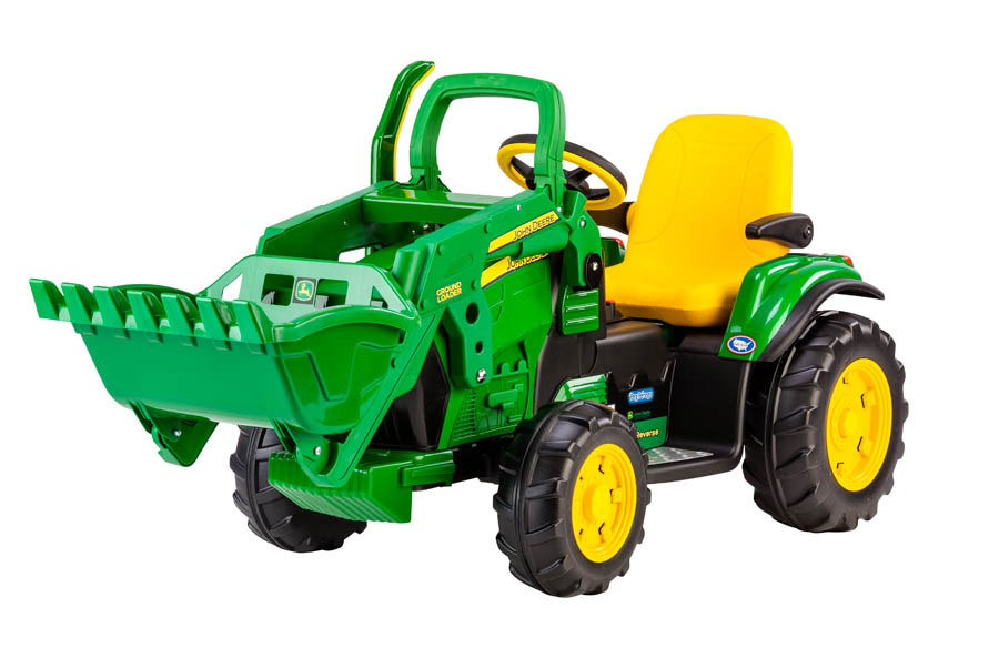 John Deere Ground Loader 12-Volt Ride On Vehicle with green front loader, yellow seat, and large black wheels designed for kids' outdoor play