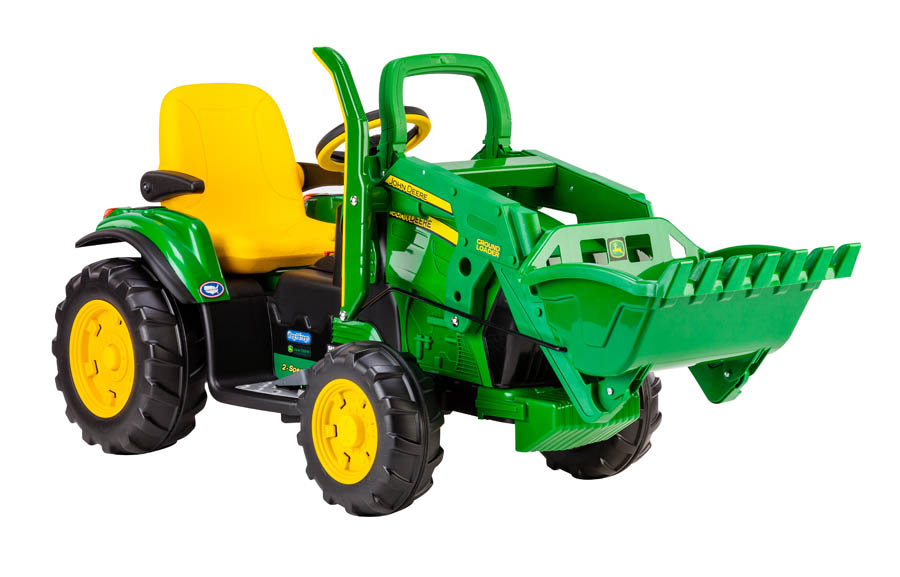 Green and yellow electric ride-on tractor with front loader, large tires, adjustable seat, and 2-speed shifter for kids