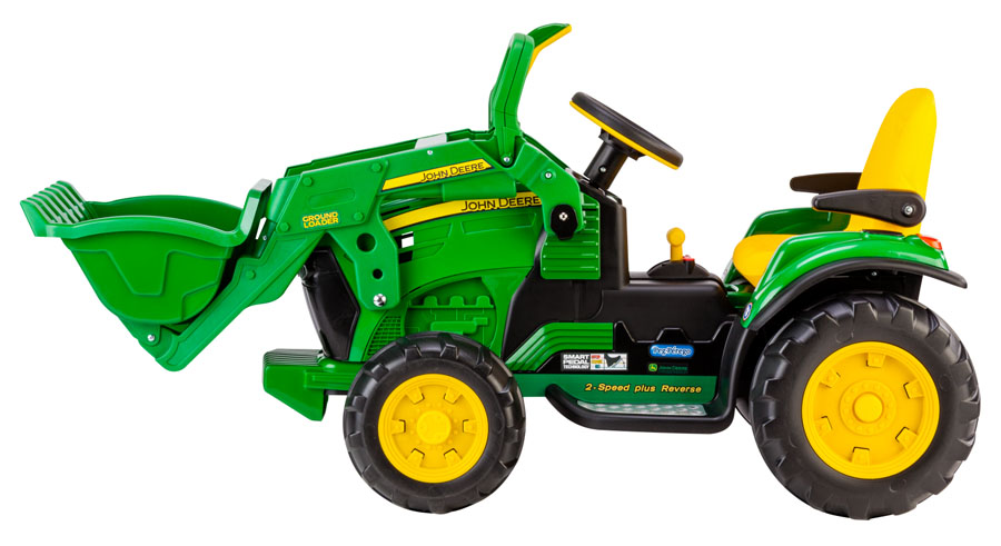 Green and yellow electric ride-on tractor with front loader, adjustable seat with armrests, and large traction wheels