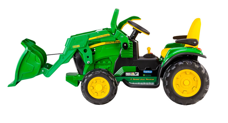 Green and yellow electric ride-on tractor with front loader, adjustable seat, and large traction wheels for kids