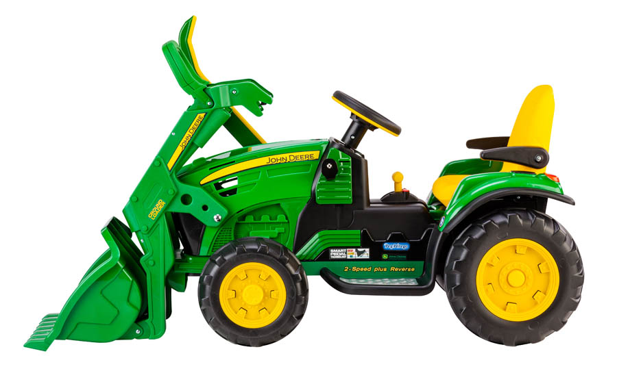 Green and yellow electric ride-on tractor with working front loader, adjustable seat, and large traction wheels
