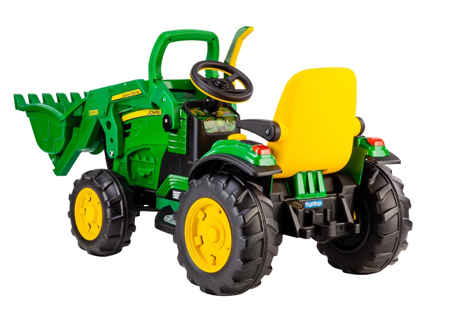 Green and yellow electric ride-on tractor with large black tires, working front loader, and adjustable yellow seat